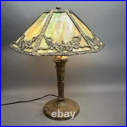 Ornate Antique Arts & Crafts Slag Glass Table Lamp 6 Panel Dual Socket 21 High