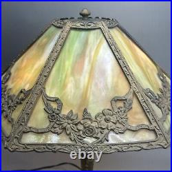 Ornate Antique Arts & Crafts Slag Glass Table Lamp 6 Panel Dual Socket 21 High