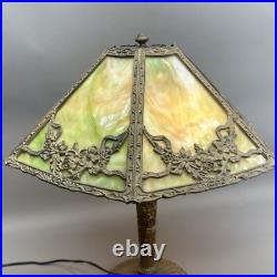 Ornate Antique Arts & Crafts Slag Glass Table Lamp 6 Panel Dual Socket 21 High