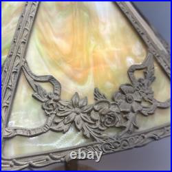 Ornate Antique Arts & Crafts Slag Glass Table Lamp 6 Panel Dual Socket 21 High