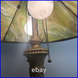Ornate Antique Arts & Crafts Slag Glass Table Lamp 6 Panel Dual Socket 21 High