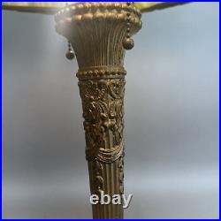 Ornate Antique Arts & Crafts Slag Glass Table Lamp 6 Panel Dual Socket 21 High