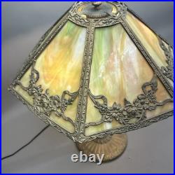 Ornate Antique Arts & Crafts Slag Glass Table Lamp 6 Panel Dual Socket 21 High