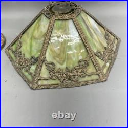 Ornate Antique Arts & Crafts Slag Glass Table Lamp 6 Panel Dual Socket 21 High