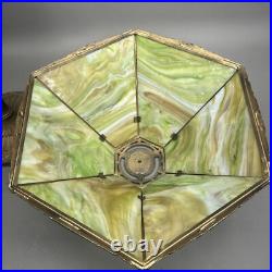 Ornate Antique Arts & Crafts Slag Glass Table Lamp 6 Panel Dual Socket 21 High