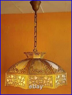 Ornate Antique Carmel N Green N White Bend Slag Glass Hanging Lamp
