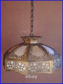 Ornate Antique Carmel N Green N White Bend Slag Glass Hanging Lamp