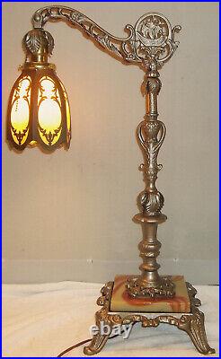 Ornate Antique Table Top Houze Glass Bridge Lamp Slag Shade Restored