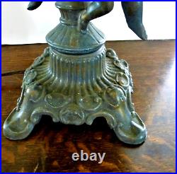 Ornate Cast Spelter Figural Cherub Lamp With Leaded Slag Glass Shade Art Neadeau