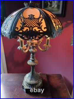 Ornate Slag Glass Art Deco Lamp With Bronze Base & Overlay