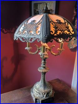 Ornate Slag Glass Art Deco Lamp With Bronze Base & Overlay
