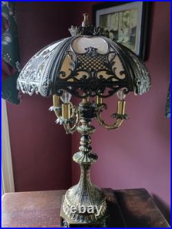 Ornate Slag Glass Art Deco Lamp With Bronze Base & Overlay