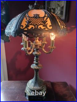 Ornate Slag Glass Art Deco Lamp With Bronze Base & Overlay