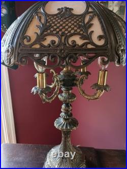 Ornate Slag Glass Art Deco Lamp With Bronze Base & Overlay
