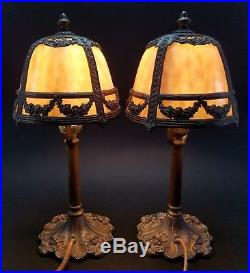 PAIR of ANTIQUE MILLER CARAMEL BENT SLAG LEADED GLASS BOUDOIR TABLE LAMPS