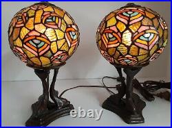 PAIR of TIFFANY STYLE STAINED GLASS Jewels Lamp Shade Peacock Feathers fish base