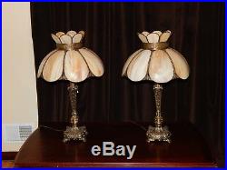 PAIR of Vintage Stained Leaded glass Slag Art Nouveau Tiffany-style table lamps