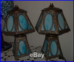 PR Vtg MCM ART DECO BLUE SLAG GLASS Lamps10 PanelLeaded OverlayLIGHT UP BASE