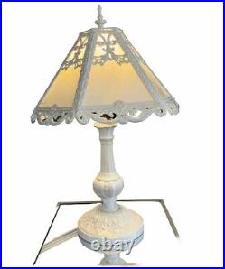 Painted Iron 6 Panel Slag Glass 21.5Table Lamp Light. White. Vintage