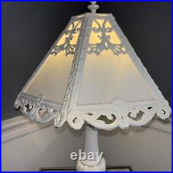 Painted Iron 6 Panel Slag Glass 21.5Table Lamp Light. White. Vintage