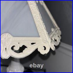 Painted Iron 6 Panel Slag Glass 21.5Table Lamp Light. White. Vintage