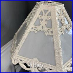 Painted Iron 6 Panel Slag Glass 21.5Table Lamp Light. White. Vintage
