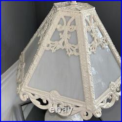 Painted Iron 6 Panel Slag Glass 21.5Table Lamp Light. White. Vintage