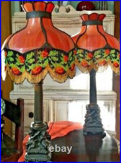 Pair ANTIQUE CHERUB TABLE LAMPS with RED Slag Glass Shades Bead Fringe