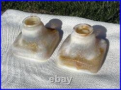 Pair Antique Arts & Crafts Bournique Glass Lamp Shades Caramel Slag Kokomo 2 1/4