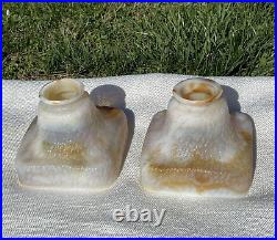 Pair Antique Arts & Crafts Bournique Glass Lamp Shades Caramel Slag Kokomo 2 1/4