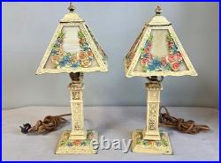 Pair Antique Panel Boudoir Lamps Floral Swag Overlay Slag Glass Original Paint