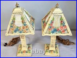 Pair Antique Panel Boudoir Lamps Floral Swag Overlay Slag Glass Original Paint