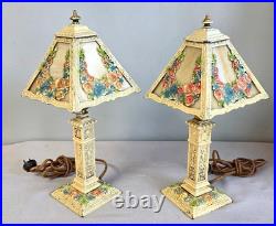 Pair Antique Panel Boudoir Lamps Floral Swag Overlay Slag Glass Original Paint