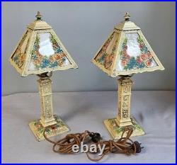 Pair Antique Panel Boudoir Lamps Floral Swag Overlay Slag Glass Original Paint