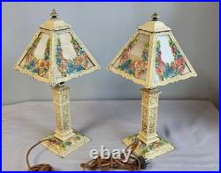 Pair Antique Panel Boudoir Lamps Floral Swag Overlay Slag Glass Original Paint