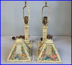 Pair Antique Panel Boudoir Lamps Floral Swag Overlay Slag Glass Original Paint