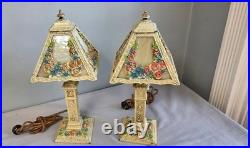 Pair Antique Panel Boudoir Lamps Floral Swag Overlay Slag Glass Original Paint