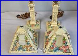 Pair Antique Panel Boudoir Lamps Floral Swag Overlay Slag Glass Original Paint