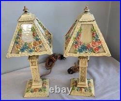 Pair Antique Panel Boudoir Lamps Floral Swag Overlay Slag Glass Original Paint