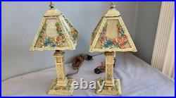 Pair Antique Panel Boudoir Lamps Floral Swag Overlay Slag Glass Original Paint