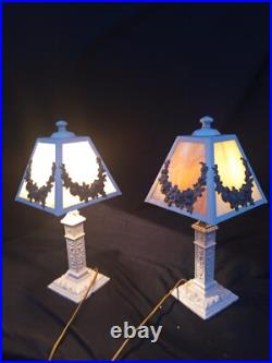 Pair Antique Panel Lamp Swag Overlay Slag Glass wired Boudoir 17.5 h