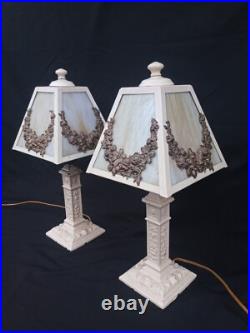Pair Antique Panel Lamp Swag Overlay Slag Glass wired Boudoir 17.5 h