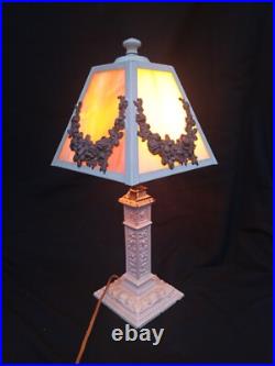 Pair Antique Panel Lamp Swag Overlay Slag Glass wired Boudoir 17.5 h