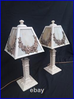 Pair Antique Panel Lamp Swag Overlay Slag Glass wired Boudoir 17.5 h