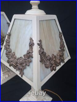 Pair Antique Panel Lamp Swag Overlay Slag Glass wired Boudoir 17.5 h