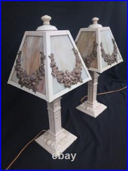 Pair Antique Panel Lamp Swag Overlay Slag Glass wired Boudoir 17.5 h