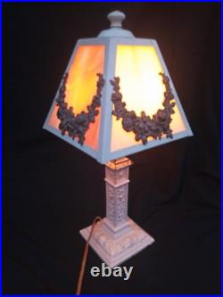 Pair Antique Panel Lamp Swag Overlay Slag Glass wired Boudoir 17.5 h