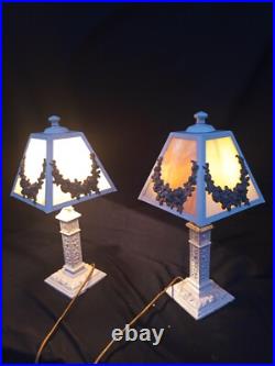 Pair Antique Panel Lamp Swag Overlay Slag Glass wired Boudoir 17.5 h