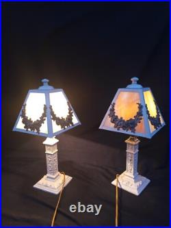 Pair Antique Panel Lamp Swag Overlay Slag Glass wired Boudoir 17.5 h