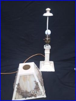 Pair Antique Panel Lamp Swag Overlay Slag Glass wired Boudoir 17.5 h